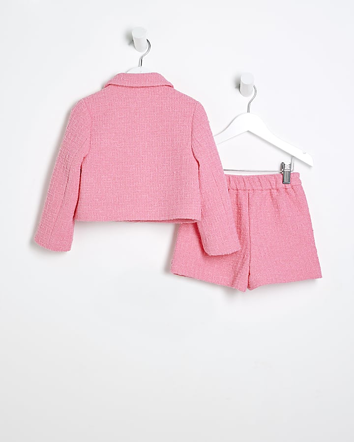 Mini Girls Pink Boucle Blazer and Skirt Set