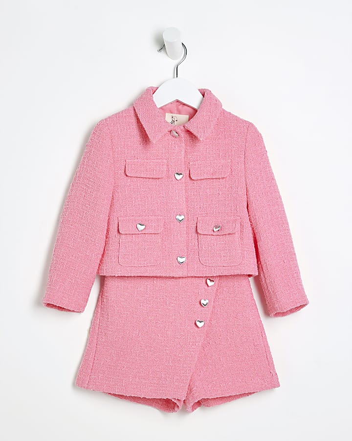 Mini Girls Pink Boucle Blazer and Skirt Set