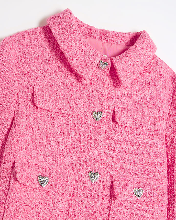 Girls Pink Boucle Blazer and Skirt Set