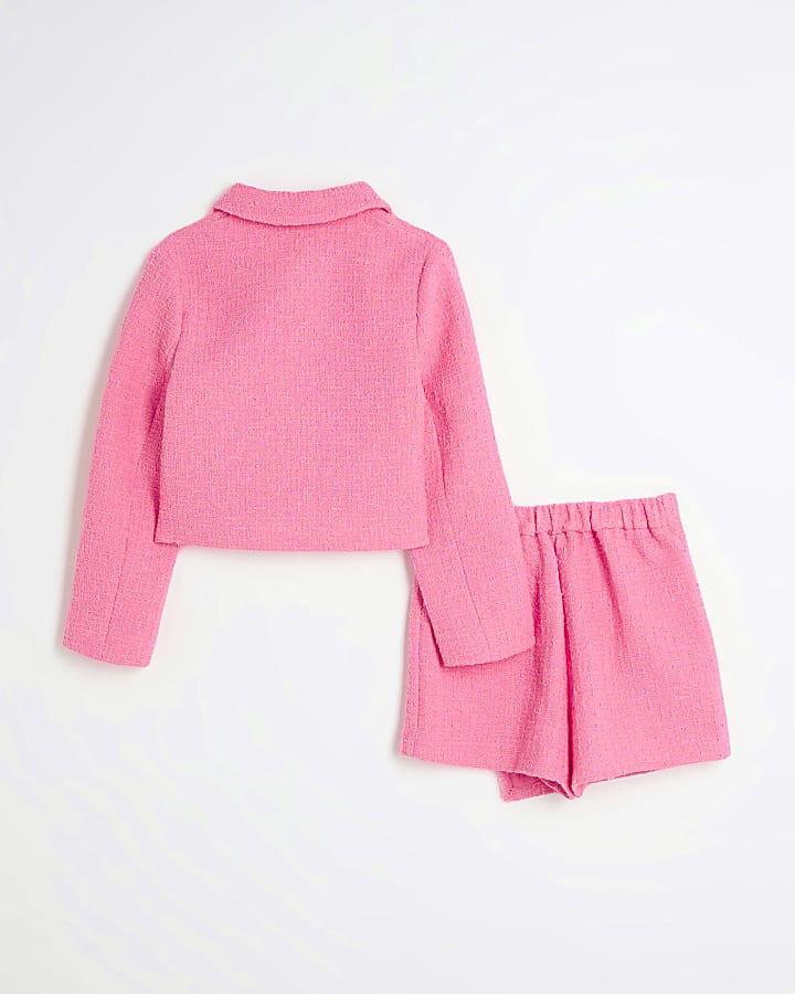 Girls Pink Boucle Blazer and Skirt Set