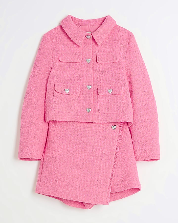Girls Pink Boucle Blazer and Skirt Set
