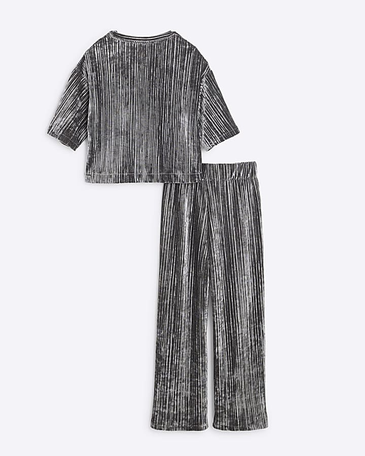 Girls Grey Plisse Velvet Top and Trousers Set