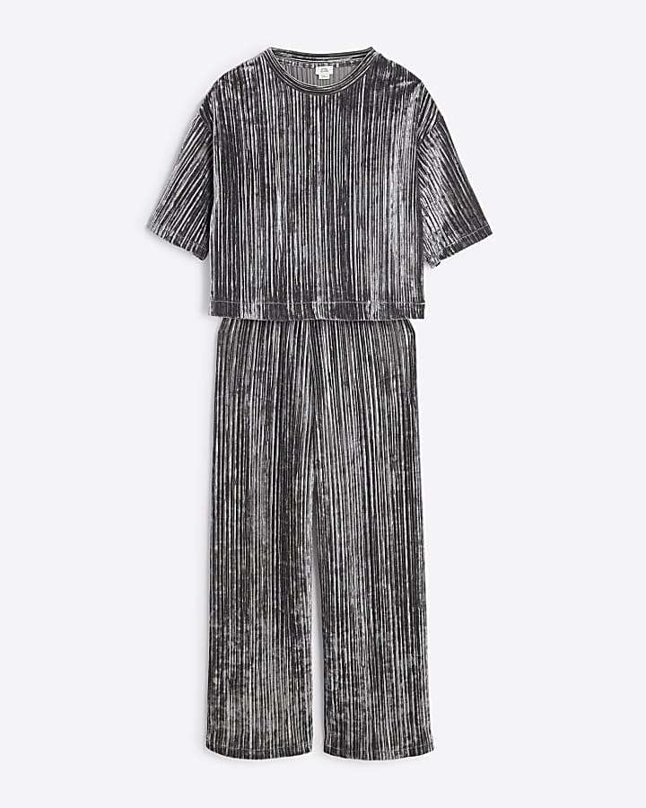Girls Grey Plisse Velvet Top and Trousers Set