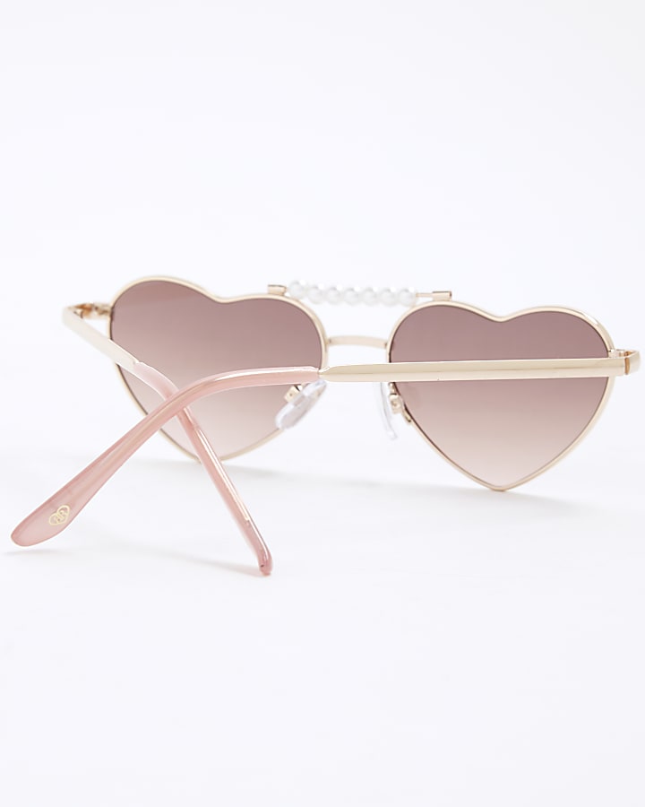 Girls Beige Metal Pearl Heart Sunglasses