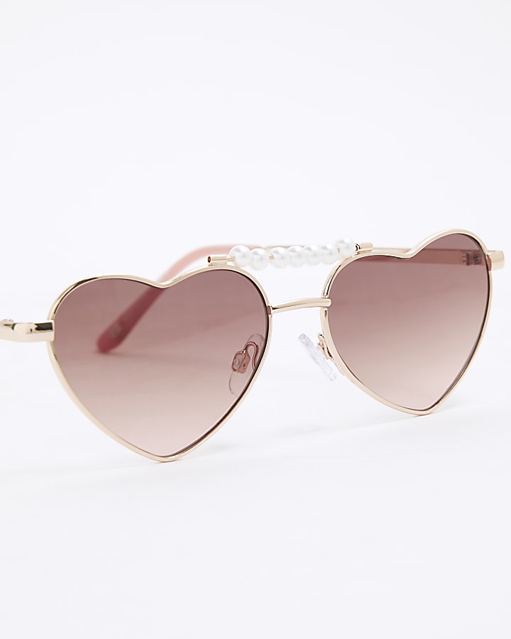 Girls Beige Metal Pearl Heart Sunglasses