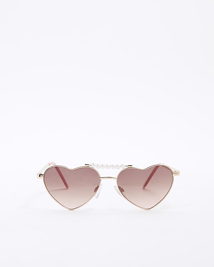 Girls Beige Metal Pearl Heart Sunglasses