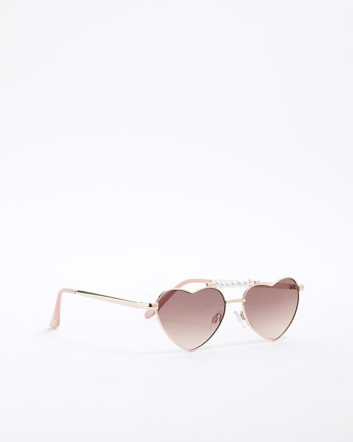 Girls Beige Metal Pearl Heart Sunglasses