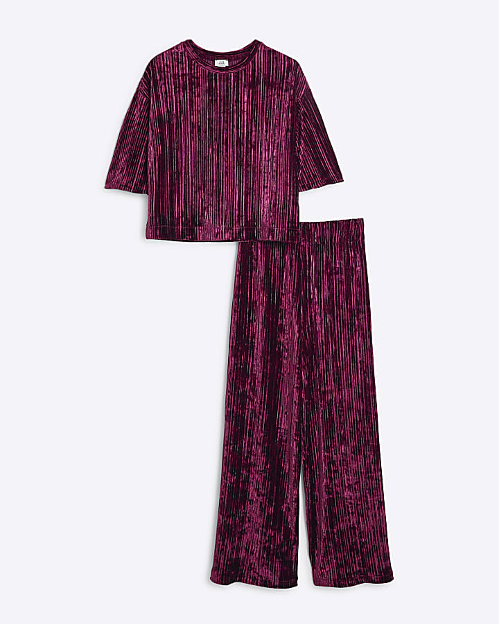 Girls Red Plisse Velvet Top & Trousers Set