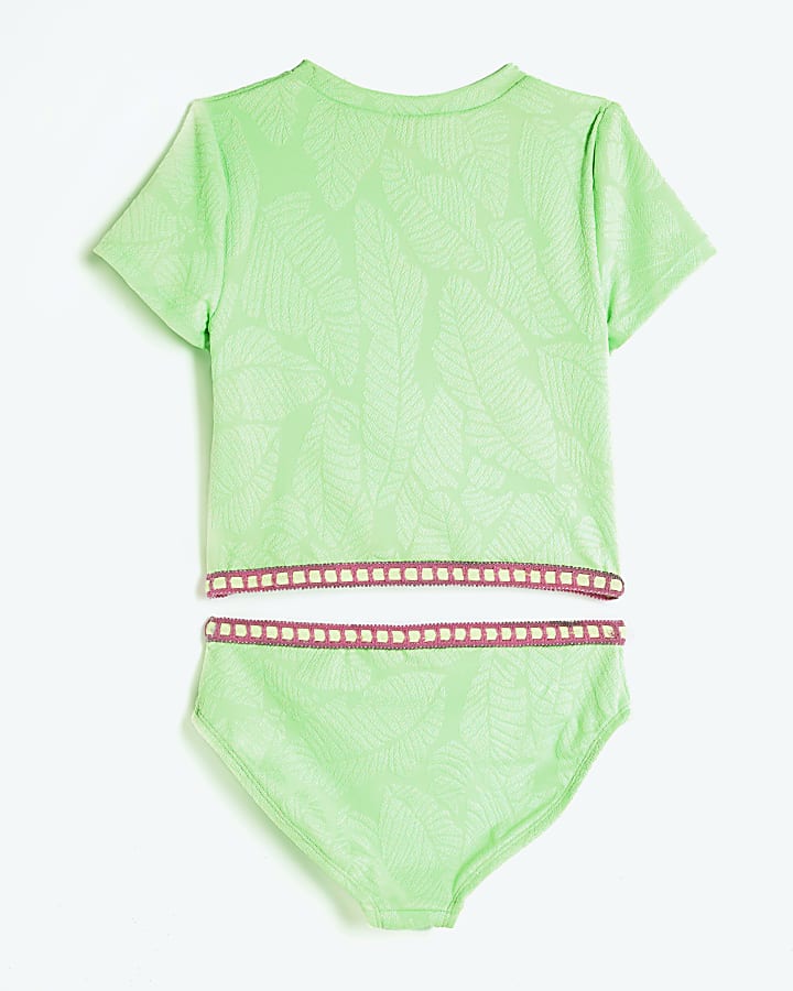 Girls Green Palm Textured Tankini