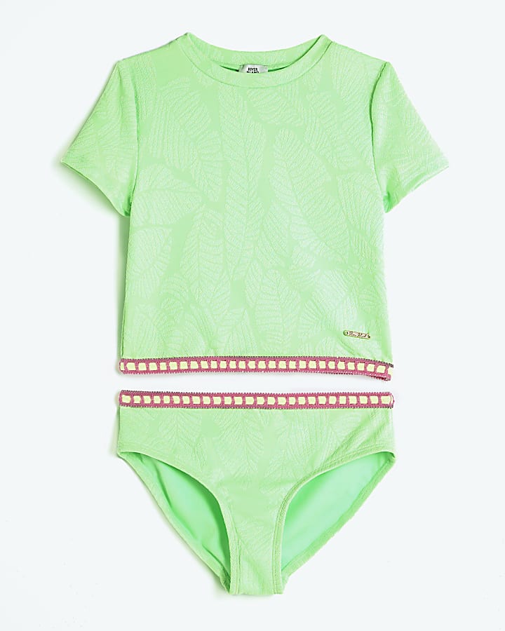 Girls Green Palm Textured Tankini