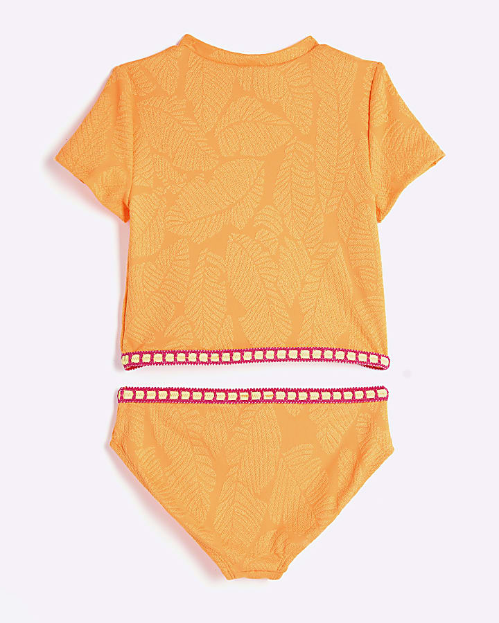 Girls Orange Palm Textured T-Shirt Bikini Set