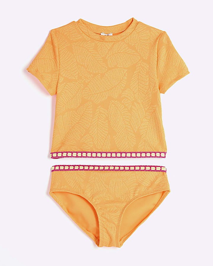 Girls Orange Palm Textured T-Shirt Bikini Set