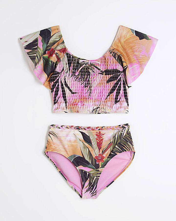 Girls Pink Tropical Print Bikini Set