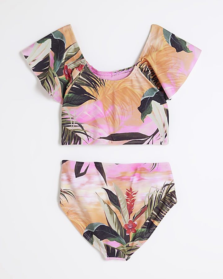 Girls Pink Tropical Print Bikini Set