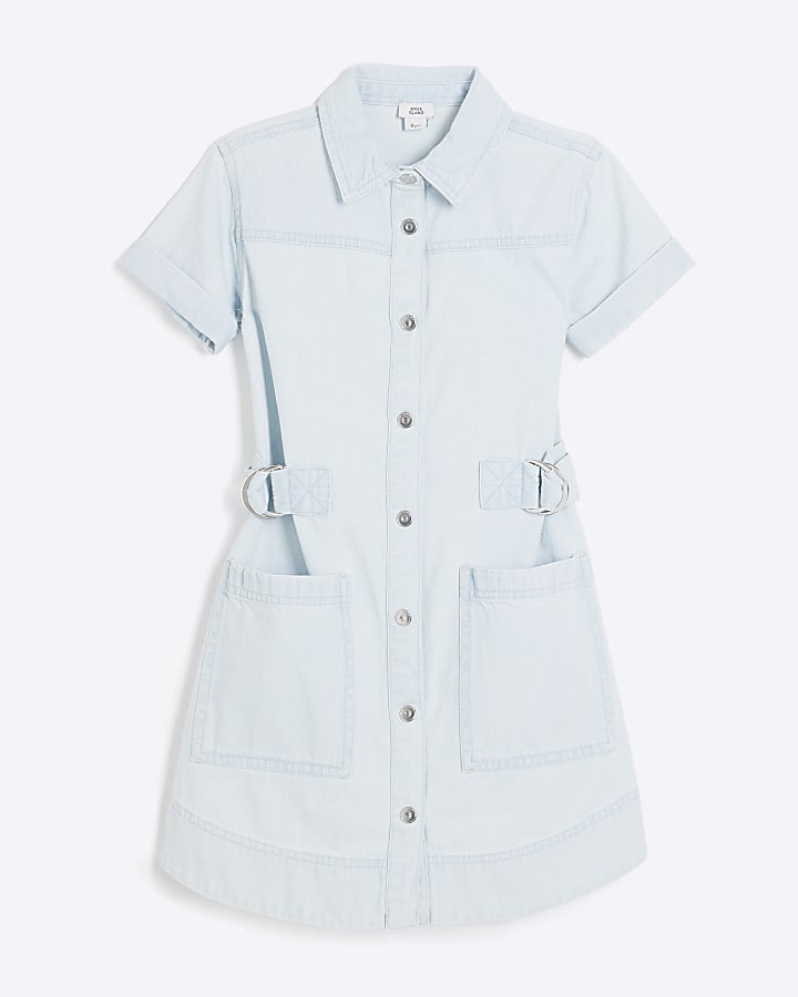 Girls Blue Denim Cinched Waist Shirt Dress