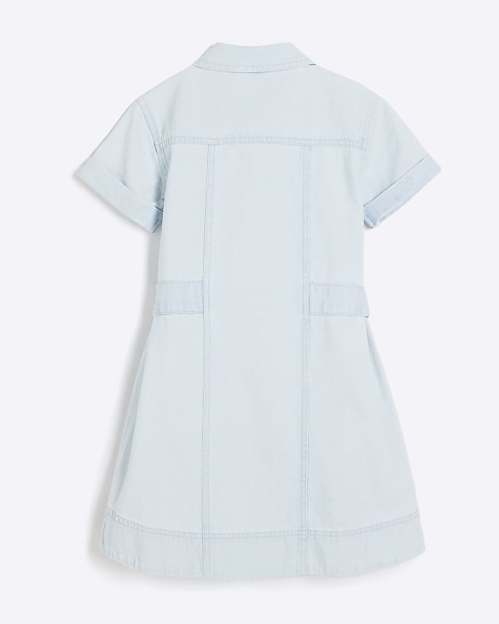 Girls Blue Denim Cinched Waist Shirt Dress