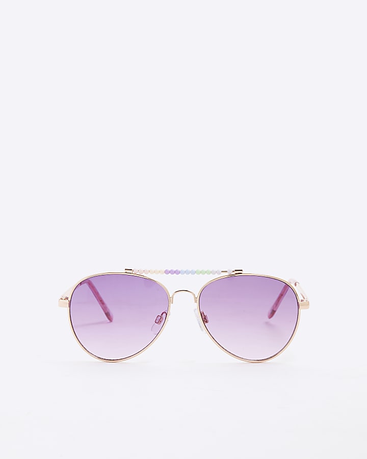 Girls Purple Beaded Aviator Chain Sunglasses