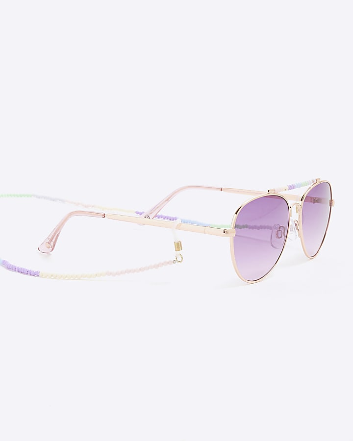 Girls Purple Beaded Aviator Chain Sunglasses
