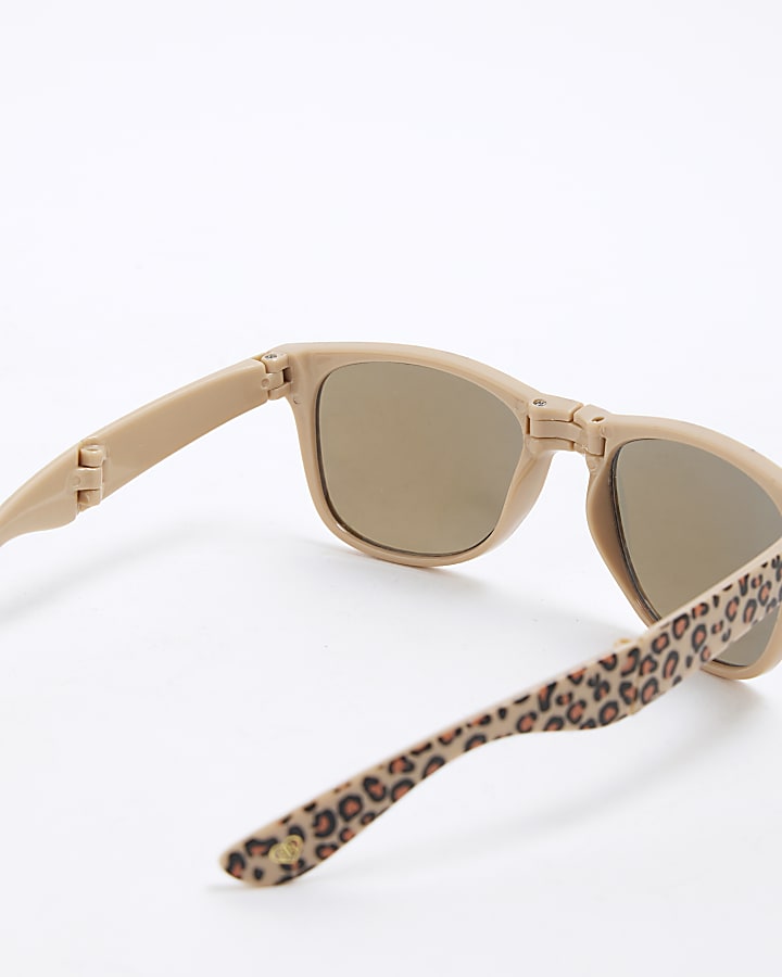 Girls Brown Foldable Leopard Sunglasses