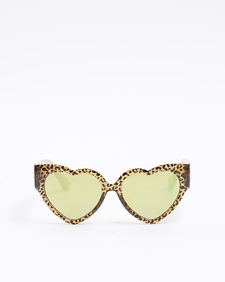 Mini Girls Brown Leopard Heart Sunglasses