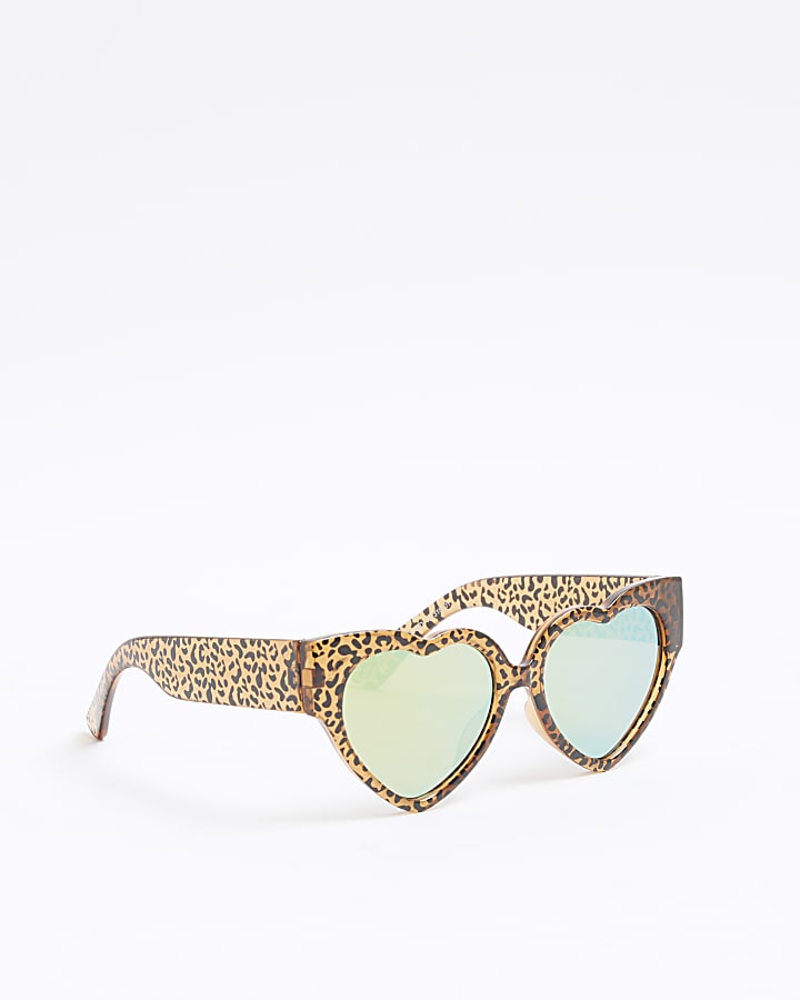 Mini Girls Brown Leopard Heart Sunglasses