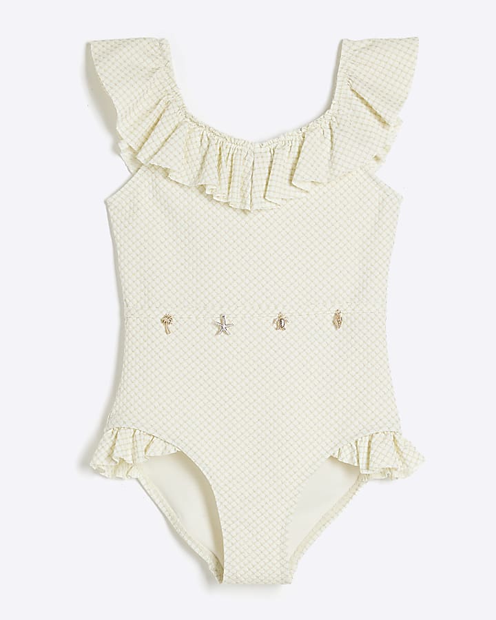 Girls Cream Frilled Charm Belt Swimsuit