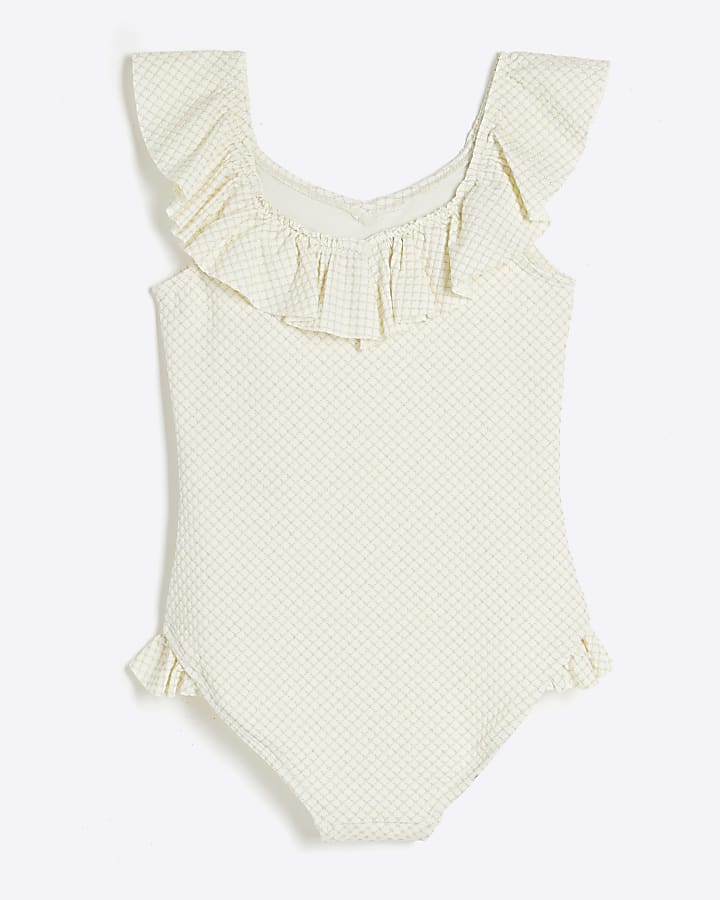 Girls Cream Frilled Charm Belt Swimsuit