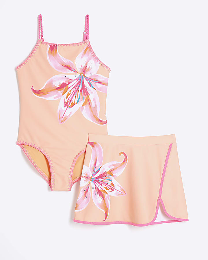 Girls Orange Floral Swimsuit Set