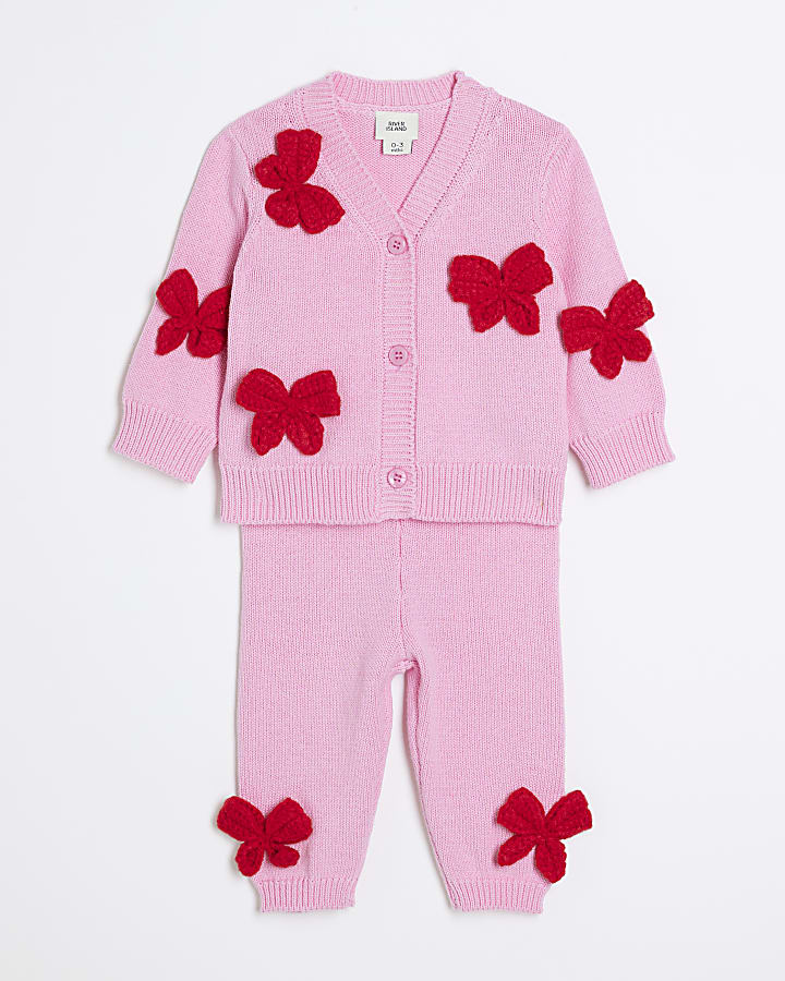 Baby Girls Pink Crochet Bow Cardigan Set