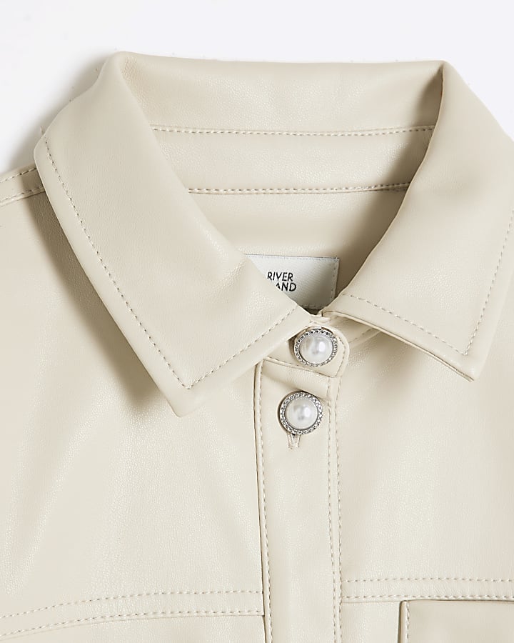 Girls Cream Faux Leather Overshirt Set