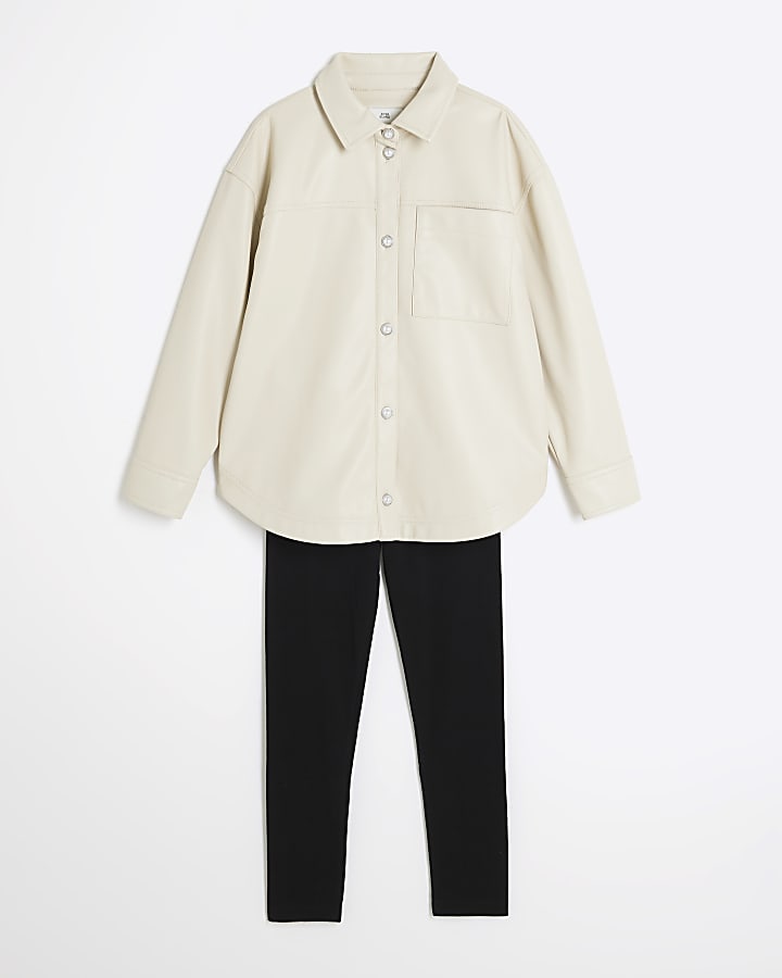 Girls Cream Faux Leather Overshirt Set