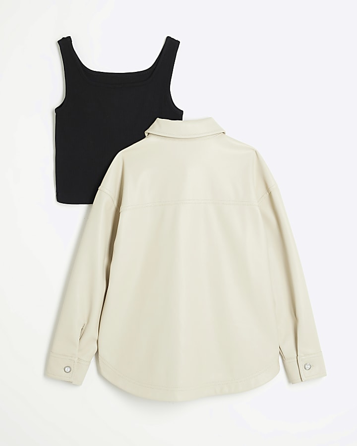 Girls Cream Faux Leather shirt and Tank Set