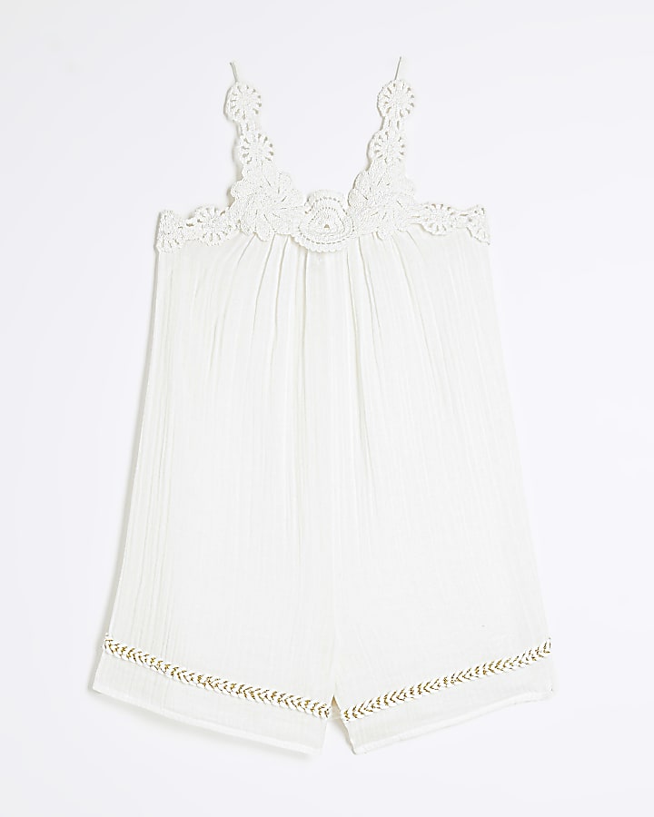 Girls White Crochet Trim Beach Playsuit