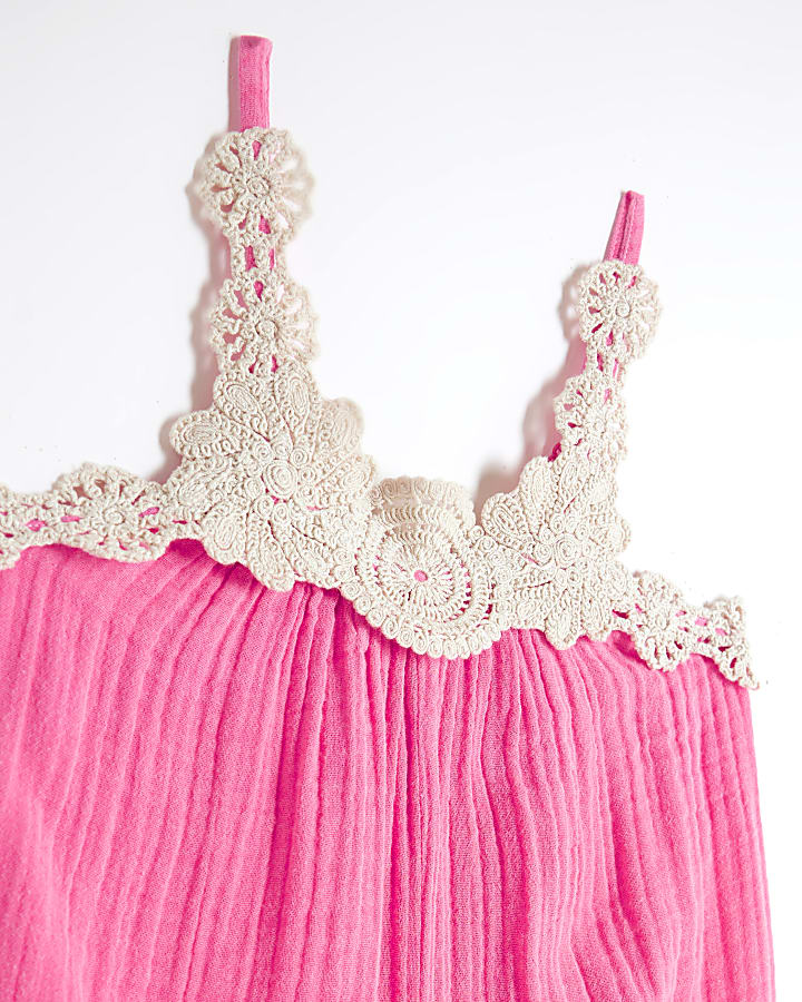 Girls Pink Crochet Trim Beach Playsuit