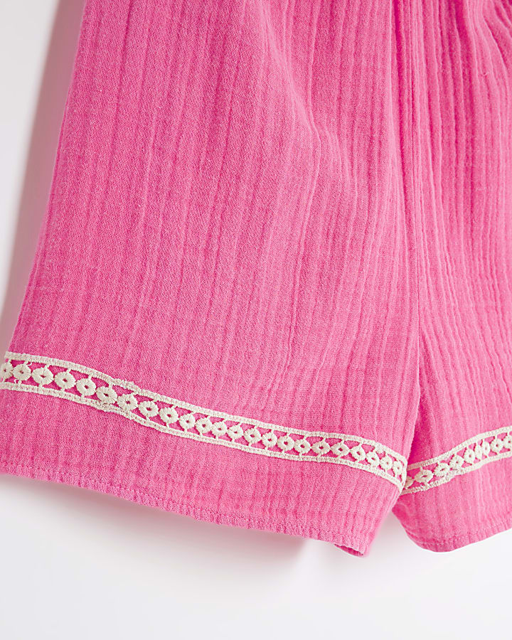 Girls Pink Crochet Trim Beach Playsuit