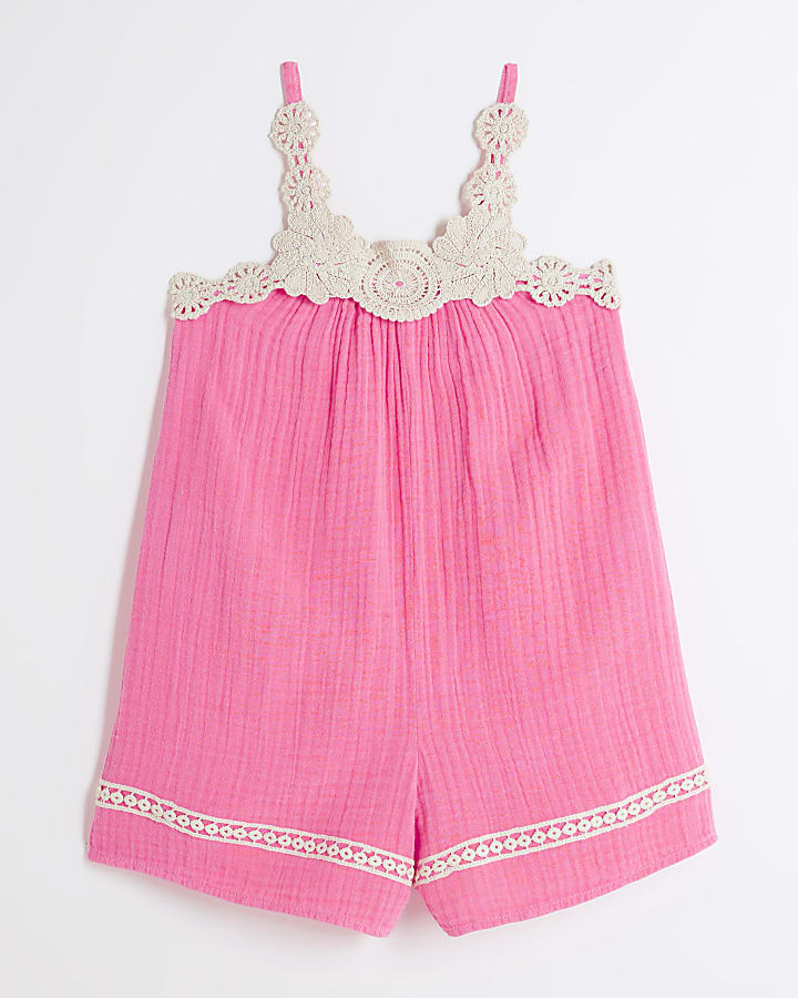 Girls Pink Crochet Trim Playsuit