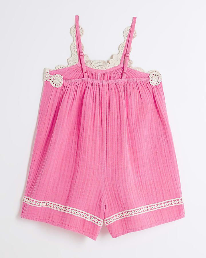 Girls Pink Crochet Trim Beach Playsuit