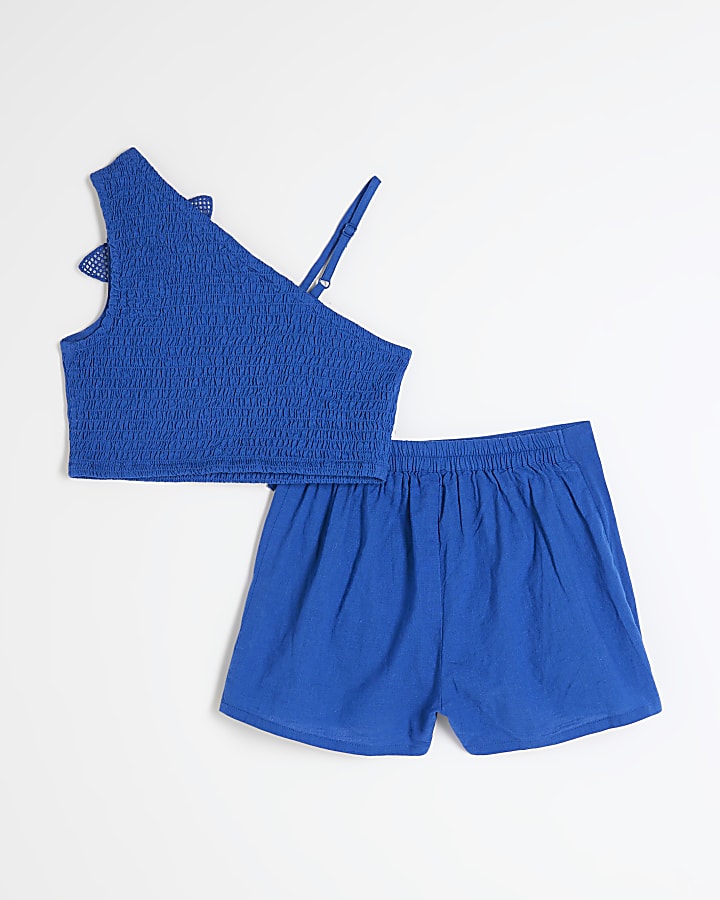 Girls Blue 3D Crochet Floral Skort Set