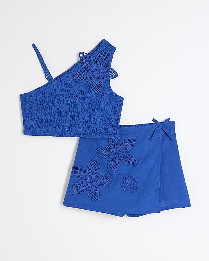 Girls Blue 3D Crochet Floral Skort Set