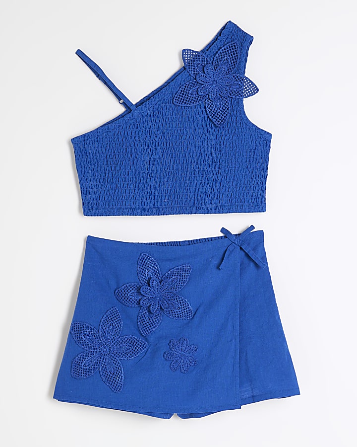 Girls Blue 3D Crochet Floral Skort Set