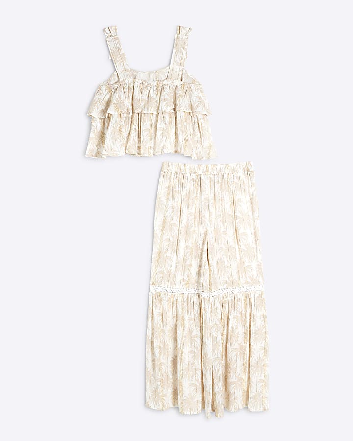 Girls Cream Palm Shimmer Trousers Set