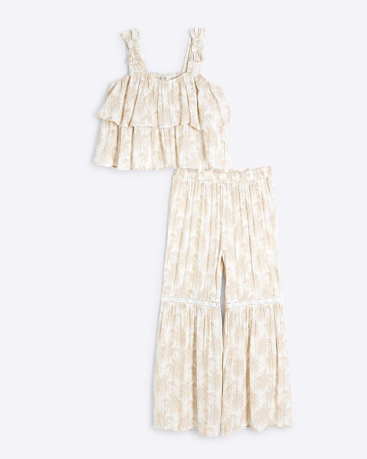 Girls Cream Palm Shimmer Trousers Set