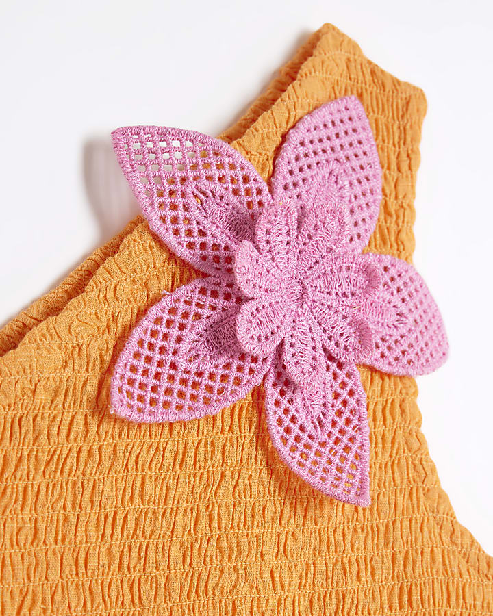 Girls Orange 3D Crochet Floral Skort Set