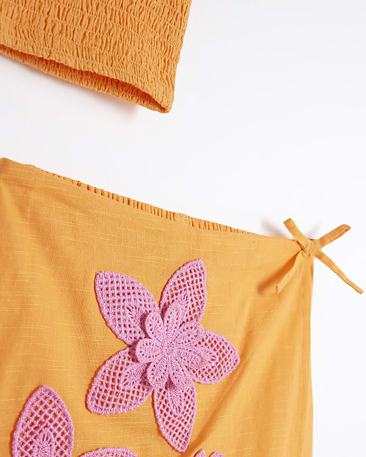 Girls Orange 3D Crochet Floral Skort Set