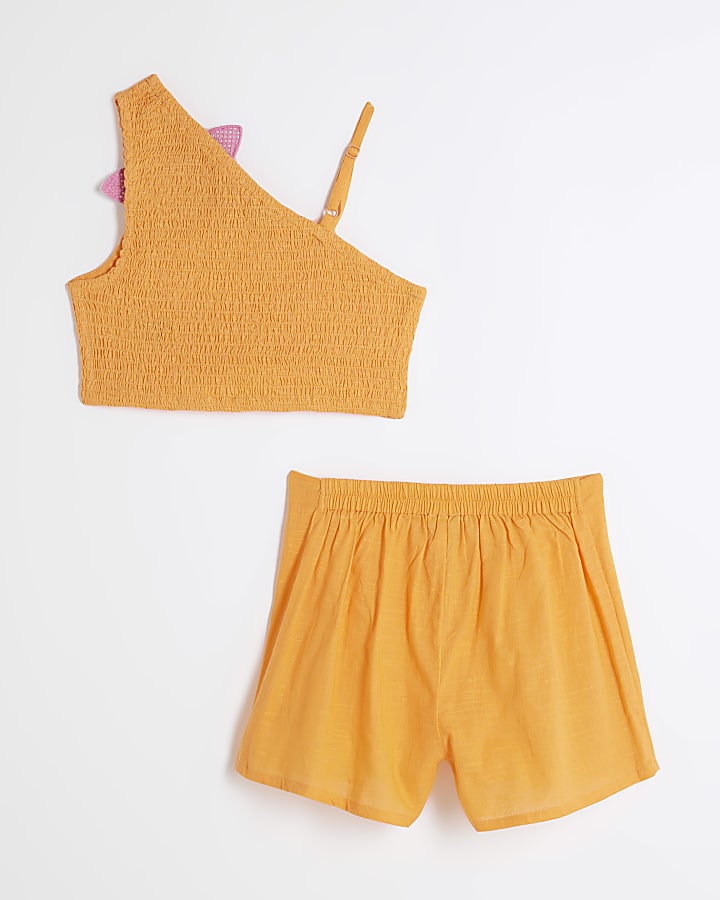 Girls Orange 3D Crochet Floral Skort Set