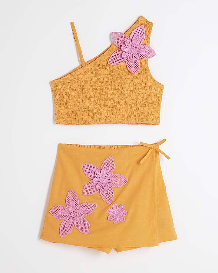 Girls Orange 3D Crochet Floral Skort Set