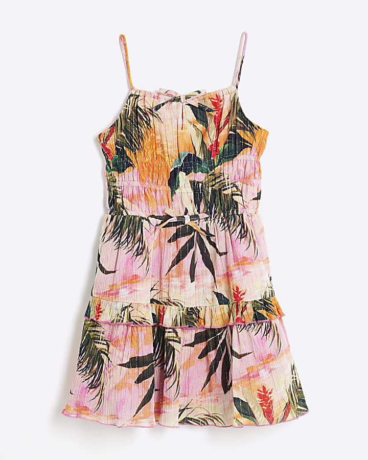 Girls Pink Floral Tiered Mini Beach Dress