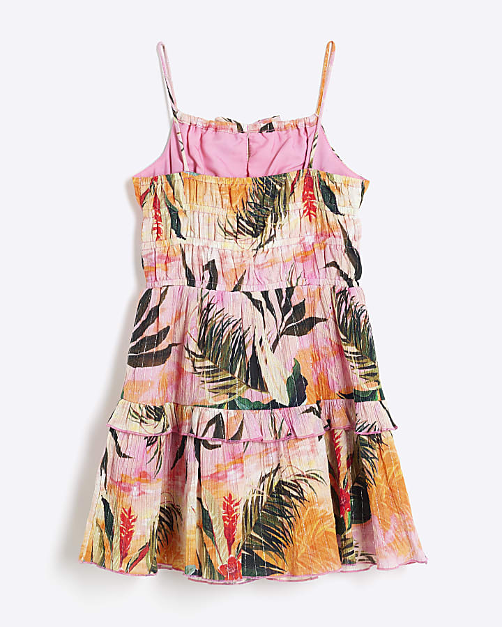 Girls Pink Floral Tiered Mini Beach Dress