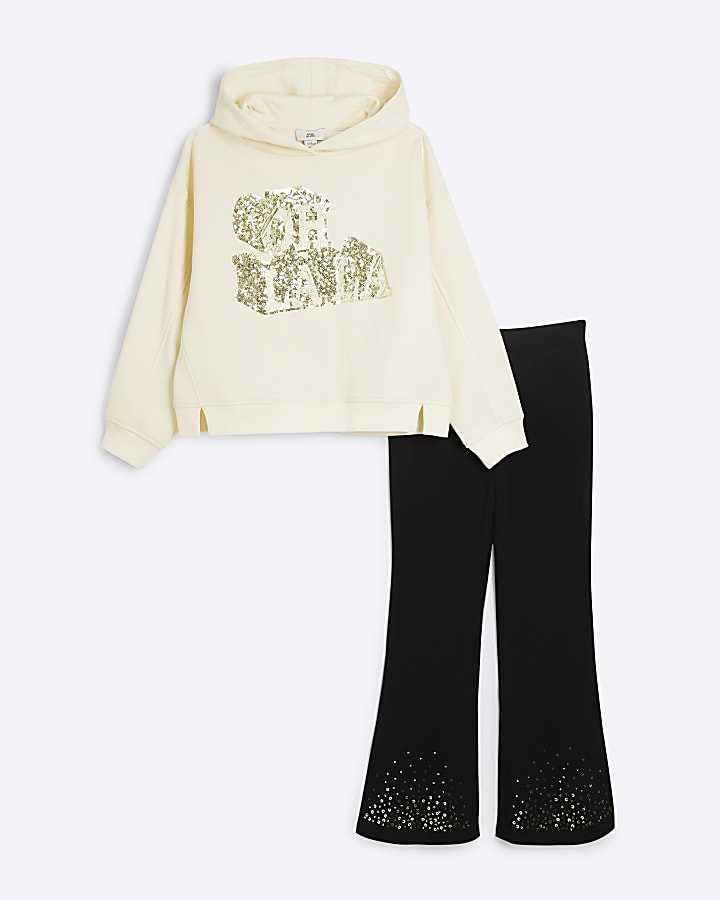 Girls Cream Sequin Oh La La Hoodie Set