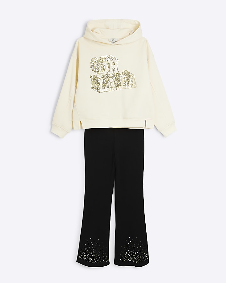 Girls Cream Sequin Oh La La Hoodie Set